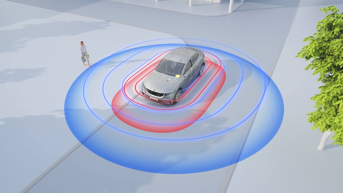 Woman approaching a car, symbolized localization using BLE and UWB satellites.