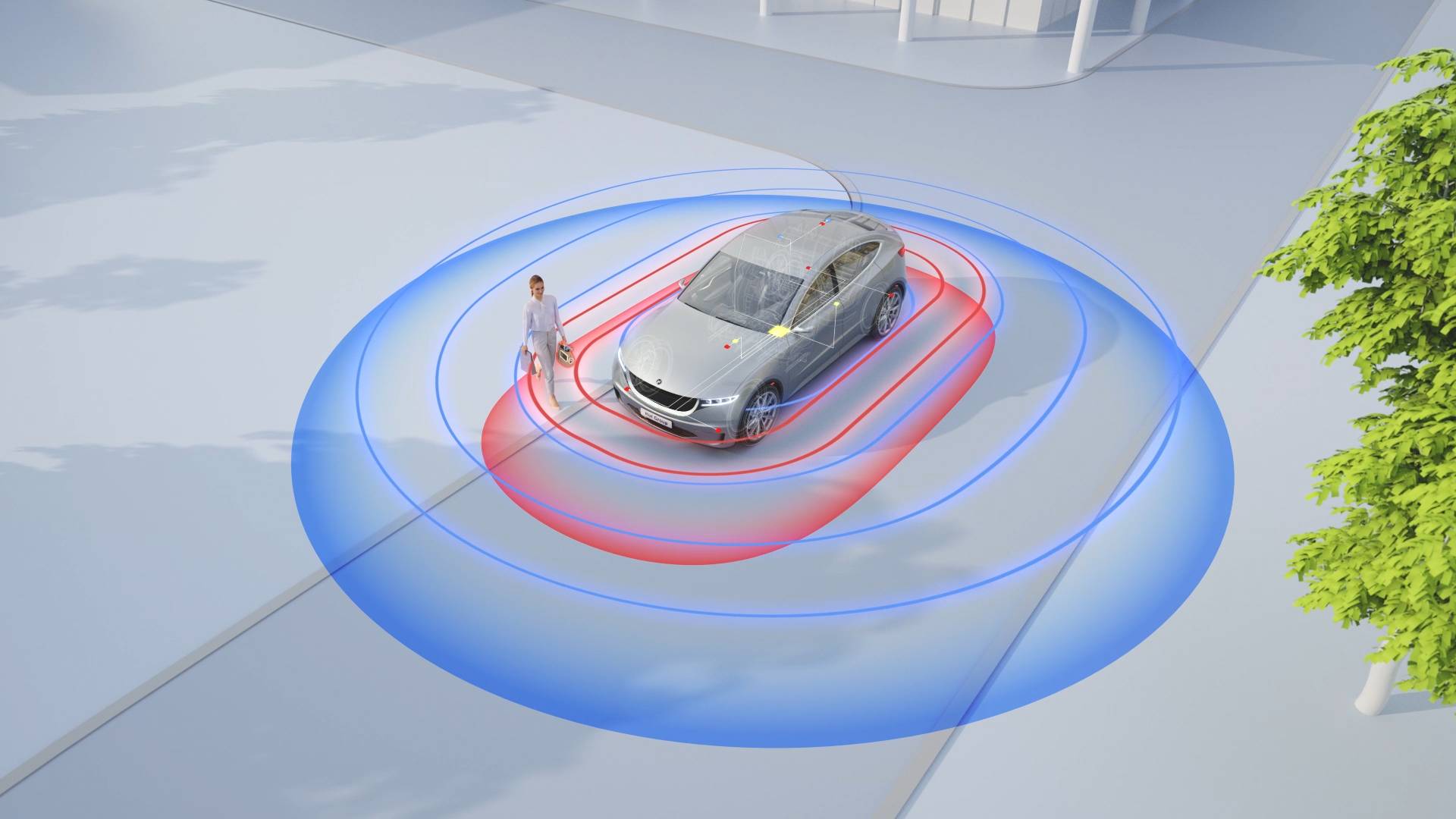 Woman approaching a car, symbolized localization using BLE and UWB satellites.